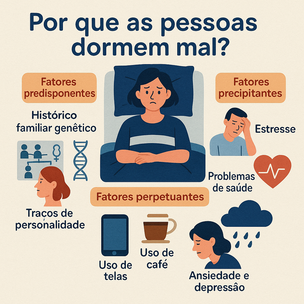 Imagem mostrando os fatores que causam insônia ou fazem com que as pessoas durmam mal. 