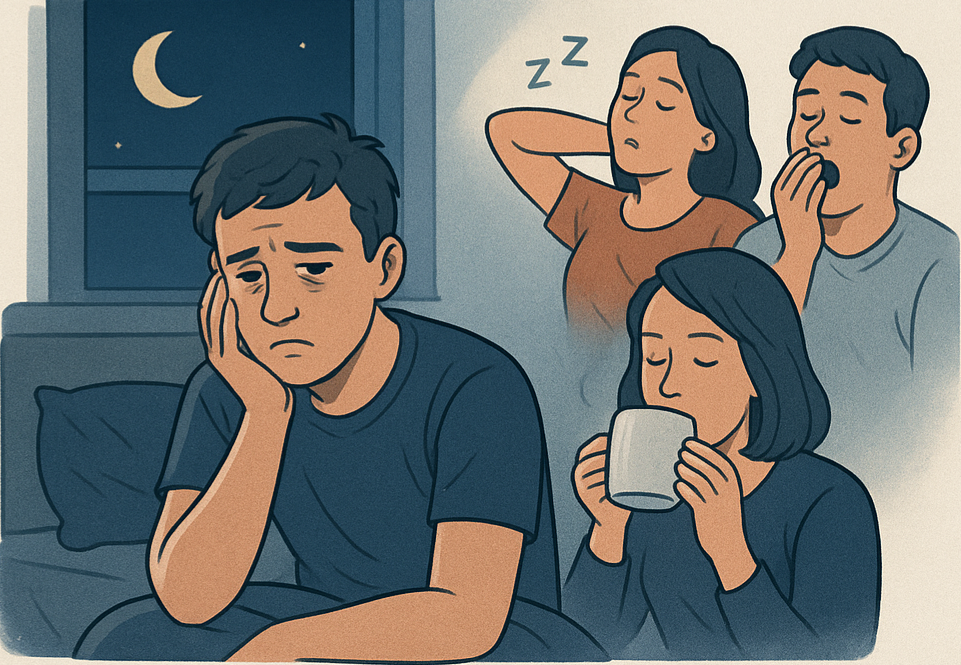 Homens e mulheres dormindo mal ou com insônia. 