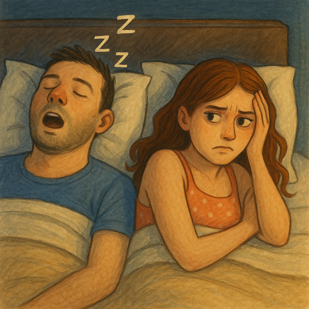 Imagem de um casal com o homem roncando e a mulher sem conseguir dormir.