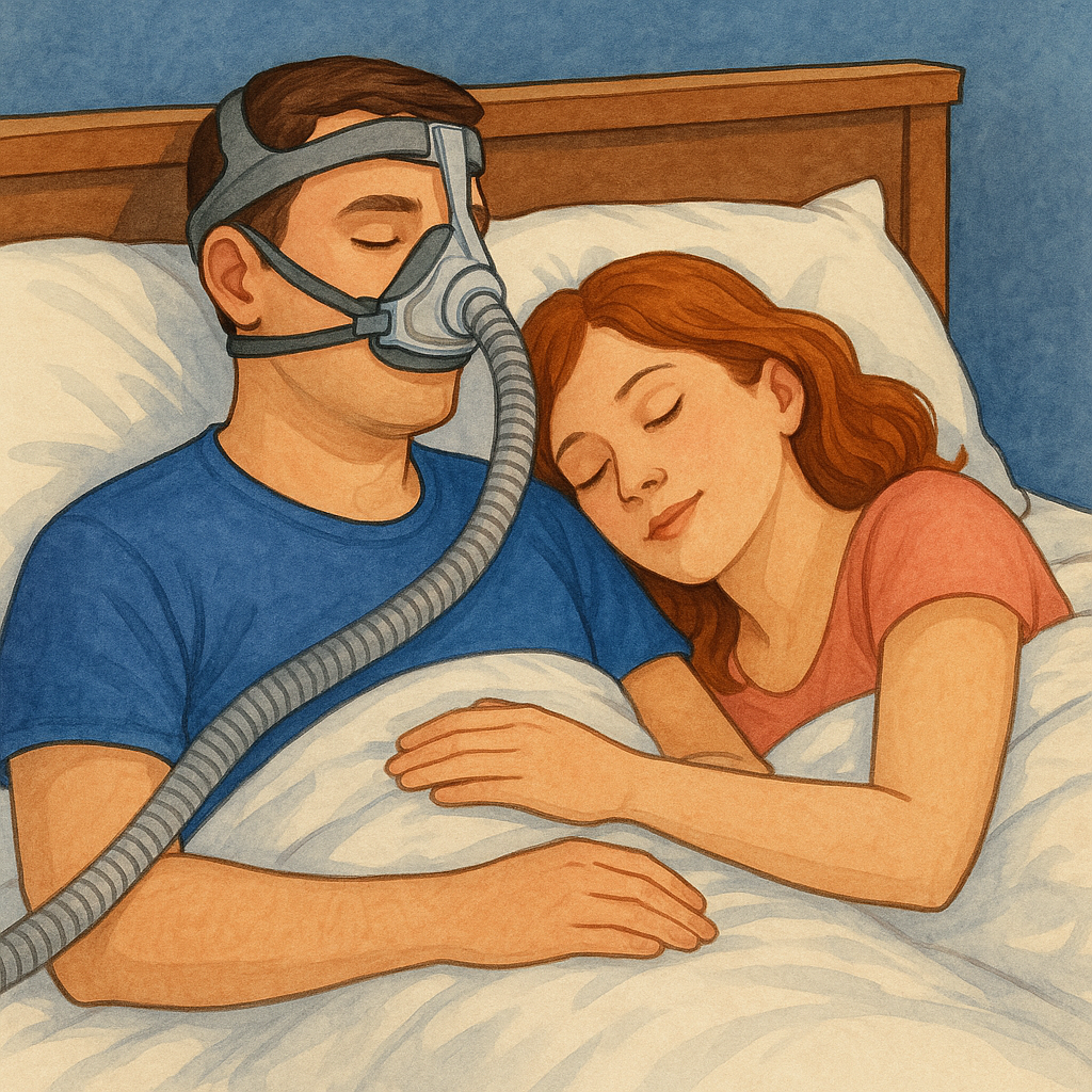 Um casal dorme confortavelmente em sua cama, com o homem utilizando um CPAP.