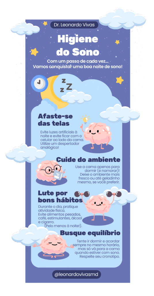 Higiene do sono com o dr. Leonardo Vivas.Afaste-se das telasCuide do ambiente de dormirLute por bons hábitosBusque equilíbrio