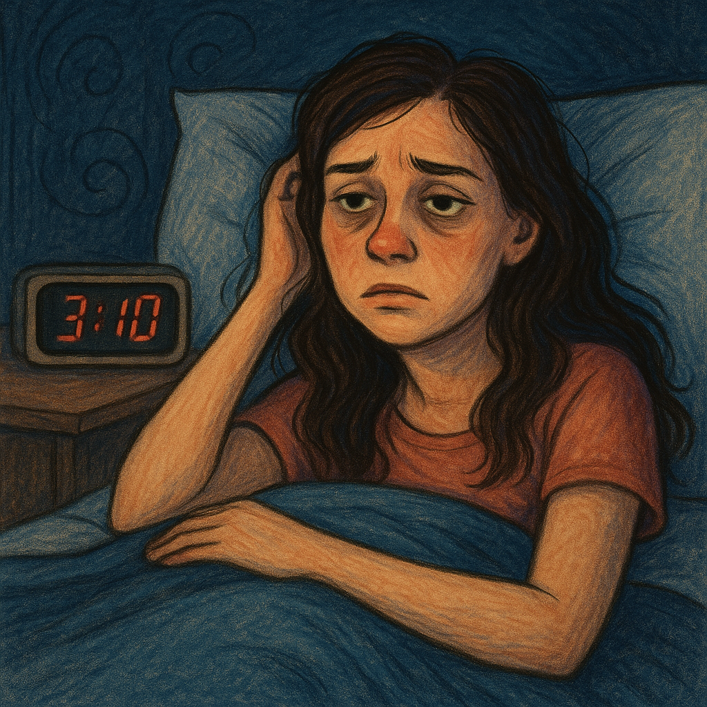 Uma mulher tenta dormir, sem sucesso.